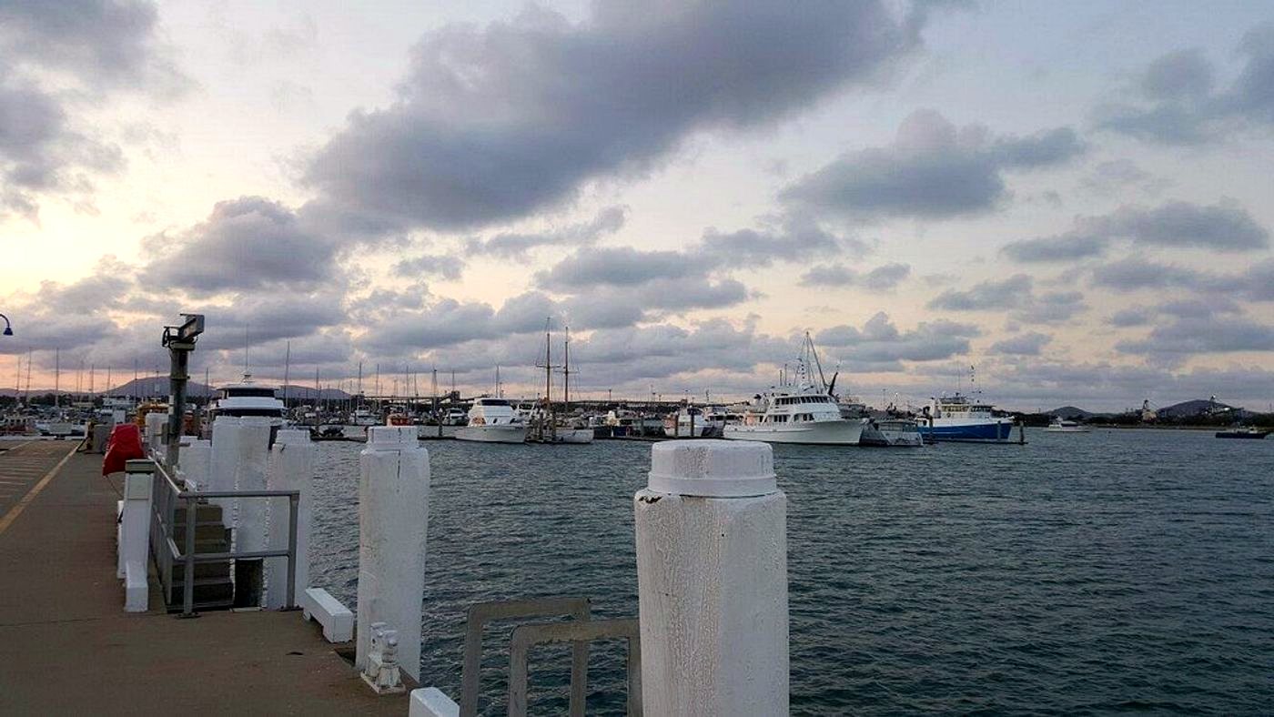 Gladstone Marina and harbour, with boats and the working port beyond